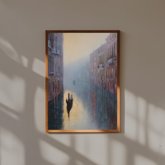 Venice Gondola Canal Wall Art – Foggy Morning Oil Painting Print – Romantic Italy Travel Poster – European Landscape Home Decor