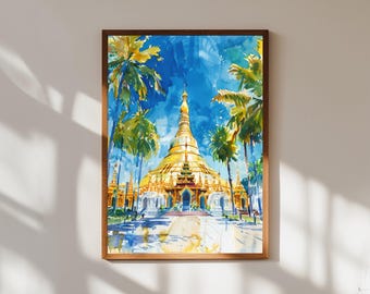 Shwedagon Pagoda Print: Myanmar Golden Temple Watercolor Art