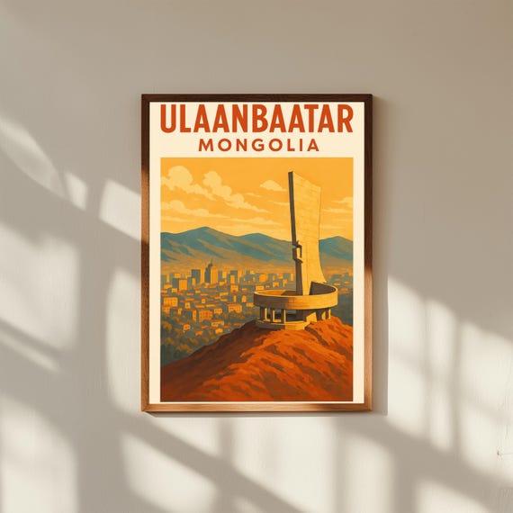 Ulaanbaatar Mongolia Vintage Travel Poster Print – Retro Wall Art of Genghis Khan Statue & Cityscape – Nomadic Heritage Decor