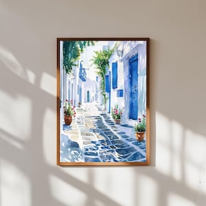 Santorini Watercolor Print: Greek Island Coastal Wall Art