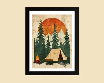 Retro Camping Wall Art with Tent | Vintage-Style Outdoor Adventure Print | Rustic Cabin Decor | Nature Lover Gift | Hike Camp Poster