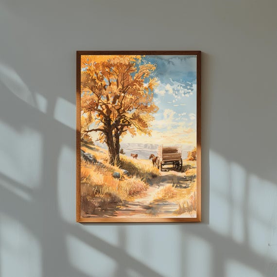 Vintage Horse Wagon Gouache Print – Two Horses Pulling Wooden Wagon – Rustic Dirt Trail Country Painting – Western Wall Art Decor