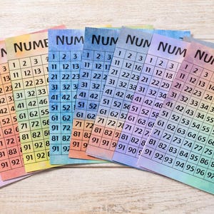 Puede incluir: Un conjunto de fichas educativas rectangulares con un fondo de degradado de acuarela en tonos rosa, amarillo, verde, azul y morado. Cada ficha muestra una cuadrícula de números del 1 al 100 con el texto NUMBERS 1-100 impreso en la parte superior.