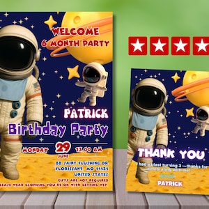 Invito di compleanno per astronauti, invito a tema per feste di compleanno per ragazzi e ragazze, modello modificabile.