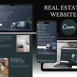 Puede incluir: Maqueta digital de un diseño de sitio web de bienes raíces que se muestra en múltiples dispositivos. El diseño presenta un esquema de color verde azulado oscuro con el texto "REAL ESTATE EMPORIUM SERVICES" y "Welcome to your next luxurious dream house."