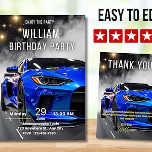Faire-part d'anniversaire voiture de sport, voiture de course de luxe, voitures de sport faire-part à thème d'anniversaire, modèle modifiable d'invitation d'anniversaire