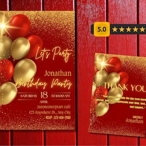 Invitación de cumpleaños con globos rojos y dorados brillantes, fiesta temática de lujo con globos rojos y dorados brillantes, plantilla de invitación de cumpleaños editable