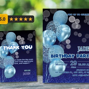 Animated Navy Blue Balloon Birthday Invitation Template (Digital Download, 5x7 & 1080x1920 px )