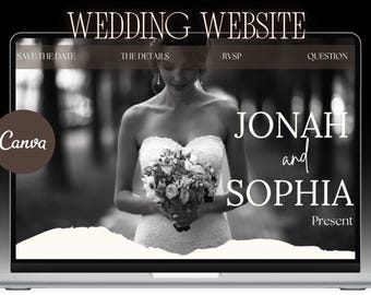May include: A laptop displays a wedding website design. The screen shows a bride holding a bouquet, with the names "Jonah and Sophia" in elegant script. The website header reads "Wedding Website" and includes navigation options.