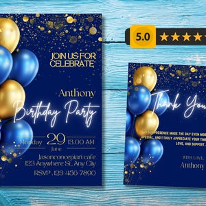 Koningsblauwe en gouden verjaardagsuitnodiging, gloeiende goud blauwe ballon thema verjaardagsuitnodiging, bewerkbare sjabloon verjaardagsuitnodiging