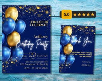 Könnte beinhalten: Ein Set aus Einladungs- und Dankeskarten für eine Geburtstagsfeier. Die marineblauen Karten zeigen goldene und blaue Luftballons, goldenes Konfetti und weißen Schriftzug. Die Einladung lautet "Anthony Birthday Party" mit Veranstaltungsdetails.