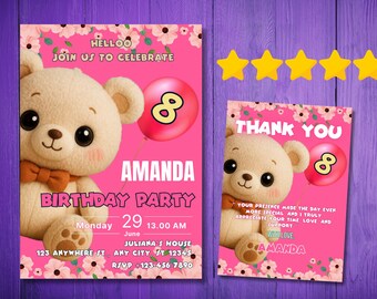 Animated Teddy Bear Birthday Invitation Template: Pink Bear Party (Digital Download, Canva Edit)