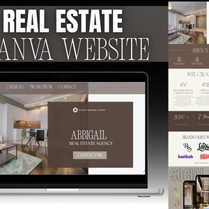 Pode incluir: Um laptop exibe um design de site imobiliário. O site apresenta um layout moderno com uma foto de uma sala de estar e o texto "ABBIGAIL REAL ESTATE AGENCY". Seções adicionais incluem "Service Area" e "Why Choose Me?"