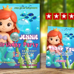 Faire-part d'anniversaire sirène, faire-part d'anniversaire sur le thème de la petite sirène pour filles, modèle d'invitation d'anniversaire modifiable CANVA