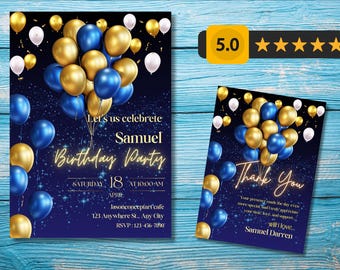 Könnte beinhalten: Zwei marineblaue Geburtstagseinladungen mit goldenen, blauen und weißen Luftballons. Auf der Haupteinladung steht "Let's us celebrate Samuel Birthday Party" mit Veranstaltungsdetails. Die zweite Karte sagt "Danke".