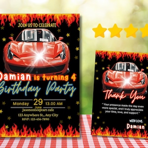 Faire-part d'anniversaire voiture de sport, voiture de course de luxe rouge, voitures de sport arrêt au stand sur le thème de la fête d'anniversaire, modèle d'invitation d'anniversaire modifiable