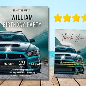 Faire-part d'anniversaire voiture de sport, voiture de course de luxe, voitures de sport, arrêt au stand sur le thème de la fête d'anniversaire, modèle modifiable d'invitation d'anniversaire