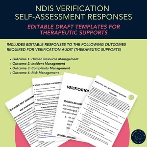 Puede incluir: Un conjunto de documentos en blanco con texto sobre la verificación NDIS y las respuestas de autoevaluación. Los documentos incluyen plantillas de borrador editables para apoyos terapéuticos, con resultados para la gestión de recursos humanos, gestión de incidentes, gestión de quejas y gestión de riesgos.