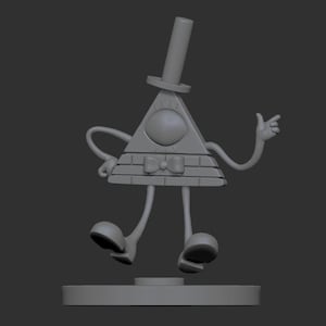 May include: A gray 3D printed figurine of Bill Cipher from the show Gravity Falls. Bill Cipher is a triangular demon with a single eye, a top hat, and a bow tie. He is standing on a round base.