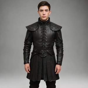 Handmade Black Leather Armor Jerkin Medieval Renaissance Jacket, Quilted Shoulders D&D Cosplay Costume