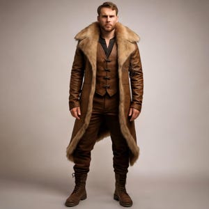 Vintage Cow Leather Fur Coat | Handmade Vegan Leather Long Coat with Fur Collar | Viking Costume | Barbarian Medeival Costume | Gift For Him