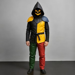 Pumpkin Jester Leather Costume | Gothic Hooded Cosplay Cloak | Halloween Renaissance Faire LARP Outfit
