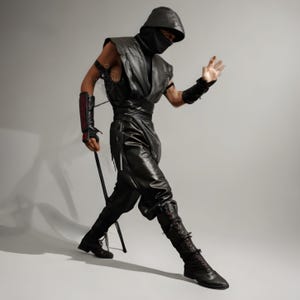 Black Leather Ninja Outfit Armor with Hood | Cosplay, LARP, Halloween & Renfaire Costume