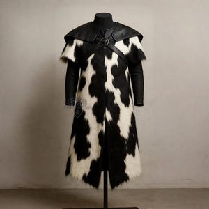 Cowhide Leather Long Cloak | Black White Trench Coat | Viking Gothic Steampunk Cosplay Overcoat