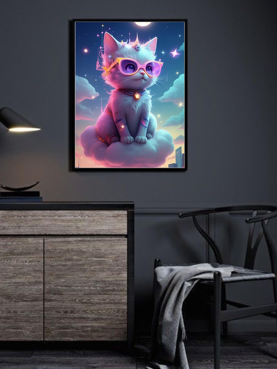 Dreamy Cyberpunk Cat Digital Art | Kawaii Neon Cat Poster | Fantasy ...