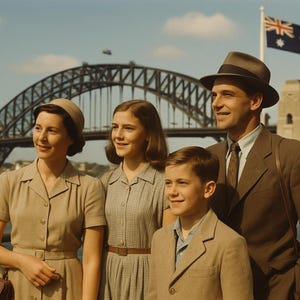 May include: A family of four stands in front of the Sydney Harbour Bridge and the Australian flag. The adults wear hats and suits, while the children are dressed in dresses and a blazer. The scene is set on a sunny day.