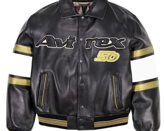 Chaqueta de cuero Avirex 50.º aniversario: diseño universitario en negro y dorado