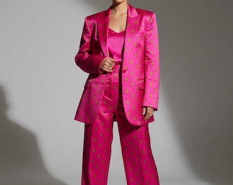 Hot Pink Pantsuit: Gold Print Blazer, Wide-Leg Trousers