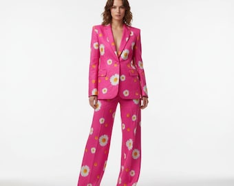 Hot Pink Daisy Print Pant Suit | Wide Leg 2 Piece Set
