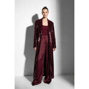 Custom Tailored Sequin Duster Coat & Satin Pants Set, Sparkly Evening Suit