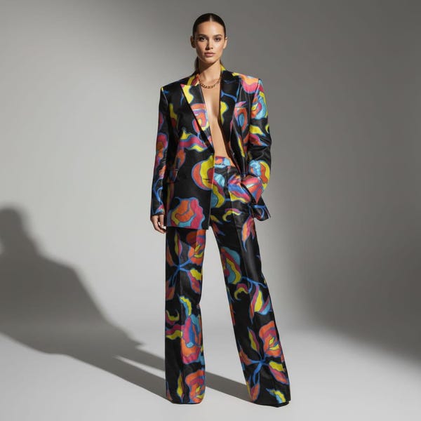 Zwart broekpak met abstracte print: gedurfde blazer en wijde broek voor dames
