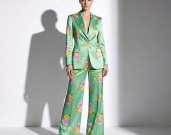 Green Floral Satin Suit - Women's 2 Piece Blazer & Wide Leg Pants