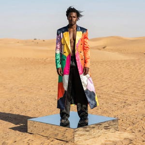 Op de afbeelding: Een lange patchworkjas in levendige kleuren, waaronder oranje, roze, groen en blauw, wordt gedragen over een zwarte broek. De jas heeft een dubbele rij knopen en wordt gedragen in een woestijnomgeving. De persoon staat op een spiegelplatform.
