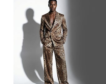 Benutzerdefinierte Leopardenmuster Anzug | Herren Satin Blazer & Hose mit weitem Bein