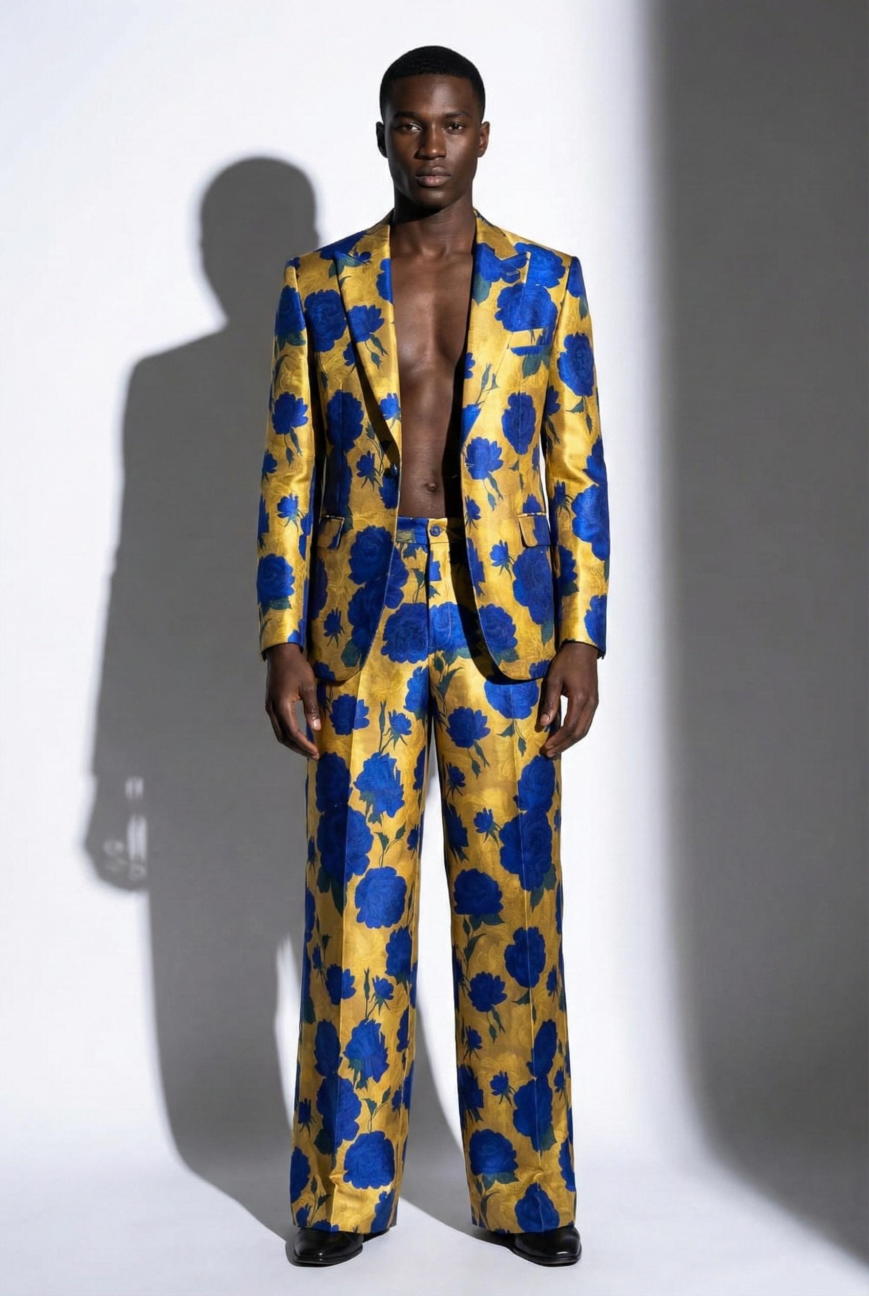 Men's Gold & Blue Floral Suit Wide Leg Prom Outfit
