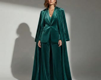 Velvet Maxi Duster Coat - Elegant Teal Green Long Trench