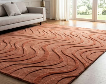 Rust Orange Wavy Rug - Modern Abstract Hand-Tufted Wool Area Rug size 8*10 for Living Rooms - Plush Artistic Carpet.