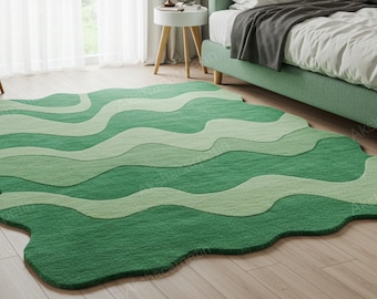 Green Wavy Irregular Rug - Hand-Tufted Abstract Area Rug size 8*10 for Bohemian & Modern Spaces - Earthy