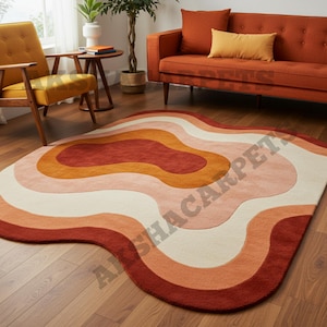 Organic Wavy Retro Area Rug | Abstract Hand-Tufted Wool Terracotta & Orange Living Room Accent