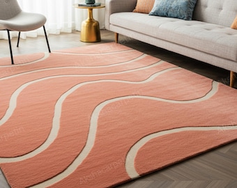 Abstract Wavy Coral Wool Rug | Modern Hand-Tufted Area Carpet size 8*10 for Living Room & Bedroom.
