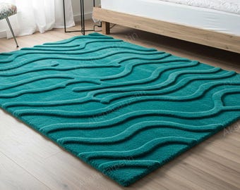 Lush Teal Hand-Tufted Wool Area Rug | Modern Wavy Texture for Contemporary Homes size 8*10 for bedroom rug.