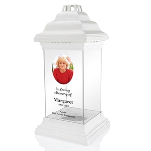 White Lantern with Photo for Grave | UV Printed Remembrance Light | Custom Engraved Tribute Candle | Memorial Gift for Loved One