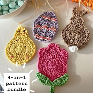 May include: A collection of four handmade crochet items: a yellow chick, a purple Easter egg, a brown bunny with a white tail, and a pink flower with green leaves. The text "4-in-1 pattern bundle" is displayed in a white box.