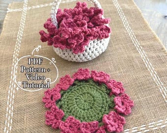Crochet Flower Basket Coasters Pattern PDF + FREE Video Tutorial | Easy Flower Coaster DIY | Cute Beginner-Friendly Coaster Crochet Pattern
