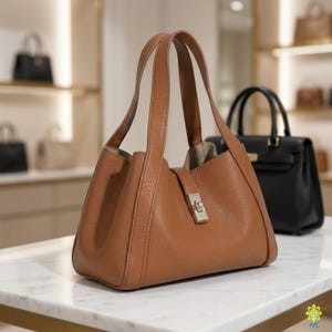 May include: A tan leather handbag with a pebbled texture, featuring two tall handles and a central silver-toned metal turn-lock closure. The bag has a structured base and a wide opening, showcasing a light-colored interior lining.