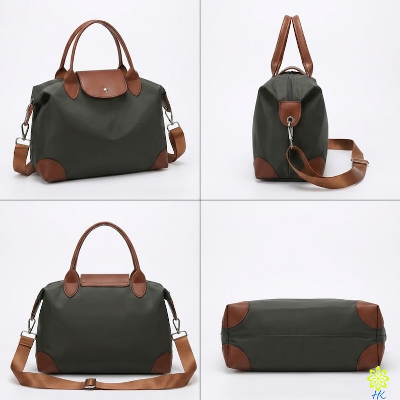 Puede incluir: Una bolsa de viaje verde oscuro con detalles en cuero marr&oacute;n. La bolsa tiene un asa superior, una correa para el hombro y detalles de cuero marr&oacute;n en las esquinas y la solapa. La bolsa est&aacute; dise&ntilde;ada para viajar y tiene un aspecto cl&aacute;sico y elegante.